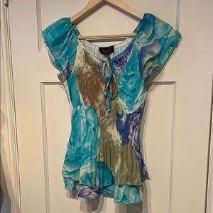 Vintage Charlie by Tetik Women's Blue and Green Pleated Blouse